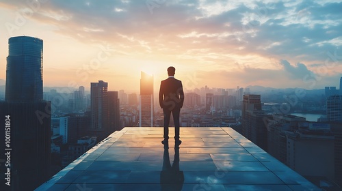 Businessman Contemplating the Cityscape at Dawn