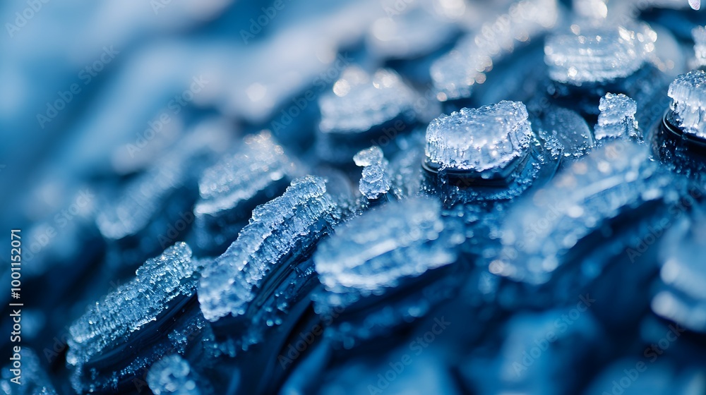 Close-up of an icy winter tire tread, macro photography