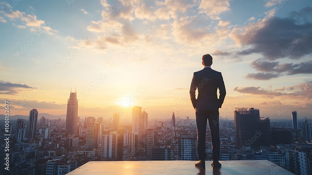 Businessman Looking at City Skyline During Sunset Businessman Looking at City Skyline During Sunset