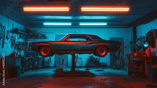 Retro Car in Neon Garage