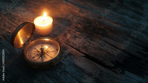 Vintage Compass and Candle on Wood