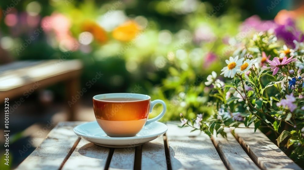Cup of Tea on Garden Table with Spring Flowers Cup of Tea on Garden Table with Spring Flowers