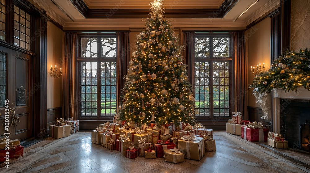 Majestic Christmas Tree with Bright Lights and Abundant Presents – Festive Holiday Decor Majestic Christmas Tree with Bright Lights and Abundant Presents – Festive Holiday Decor