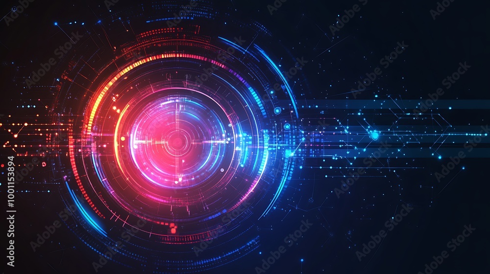 Abstract futuristic technology background with glowing circular interface and digital elements on dark blue background. Abstract futuristic technology background with glowing circular interface and digital elements on dark blue background.