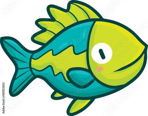 Funny and kawaii green fish cartoon illustration