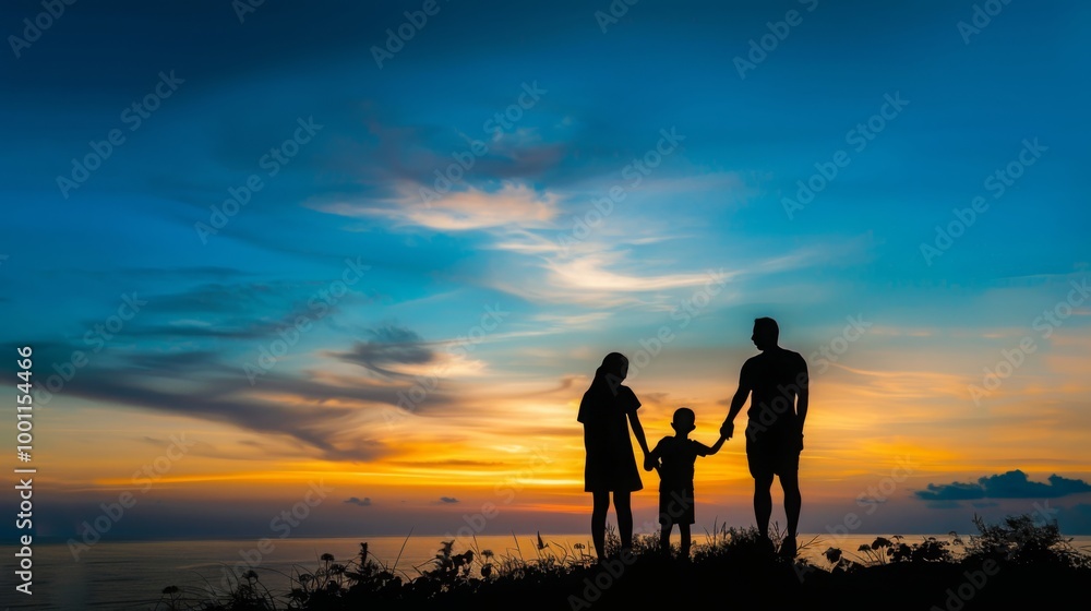 Happy family silhouette against stunning sunset sky, beautiful nature landscape evoking family vacation concept. Happy family silhouette against stunning sunset sky, beautiful nature landscape evoking family vacation concept.