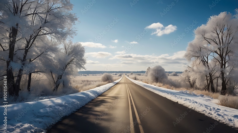 Fototapeta premium Blue sky in winter and straight road