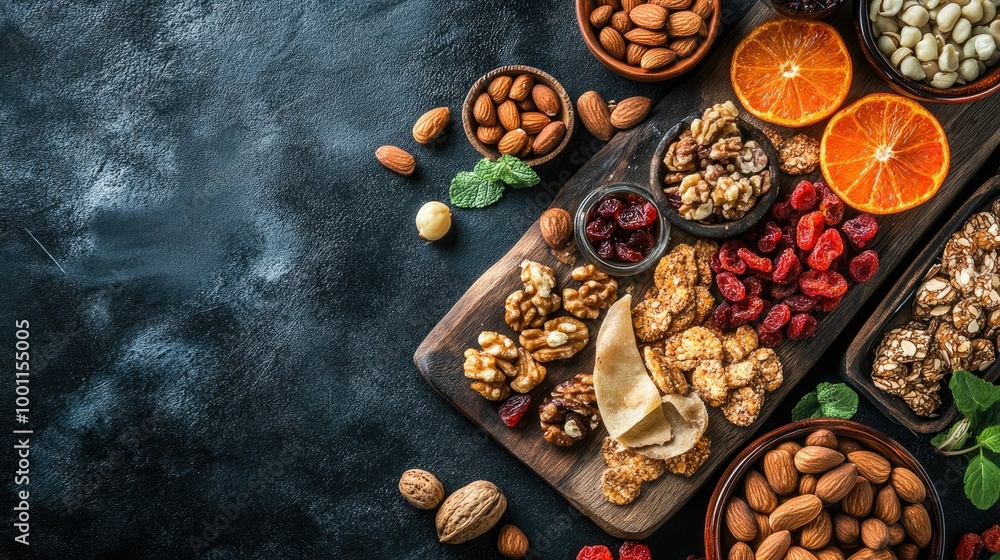 Colorful Healthy Snacks on Wooden Board Colorful Healthy Snacks on Wooden Board