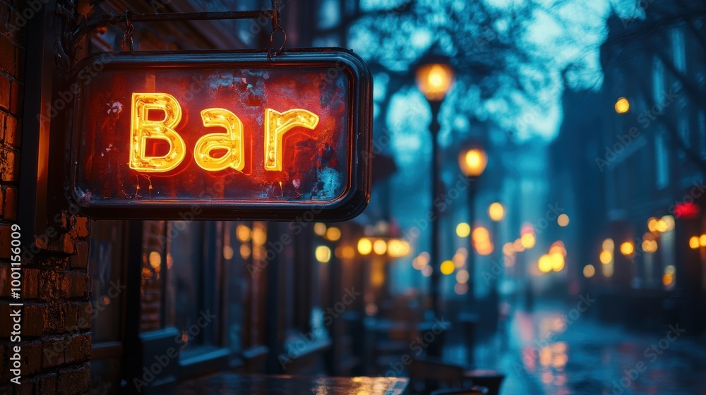 A city street in the evening with a neon bar sign glowing in the foreground, creating a vibrant and atmospheric setting with warm lights illuminating the path A city street in the evening with a neon bar sign glowing in the foreground, creating a vibrant and atmospheric setting with warm lights illuminating the path