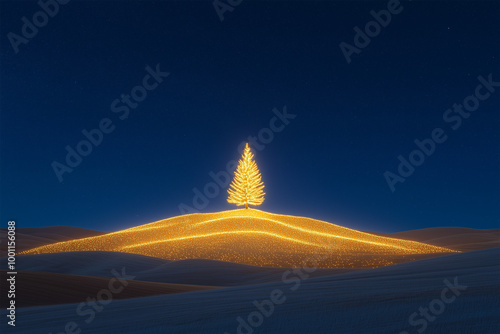 Christmas tree on a hill at night photo