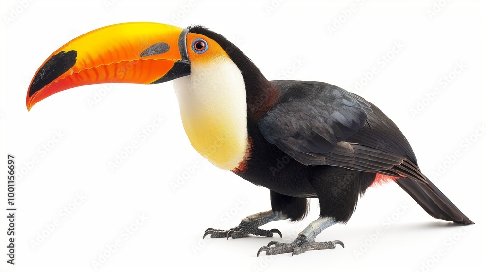 Obraz premium Vibrant toucan in perched pose highlighting colorful plumage and tropical wildlife isolated on white background