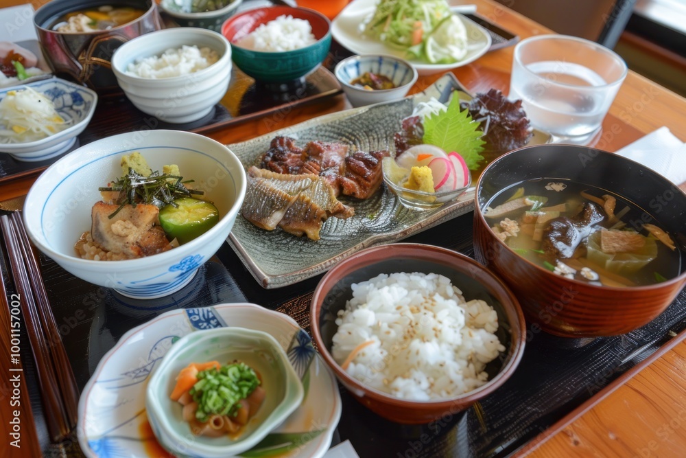 Traditional Japanese meal set with rice, fish, soup, and pickles. Traditional Japanese meal set with rice, fish, soup, and pickles.