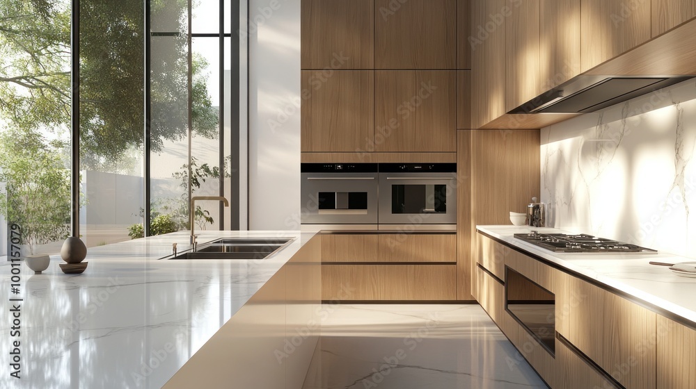 Fototapeta premium Modern kitchen featuring wooden cabinetry and sleek appliances with natural light.