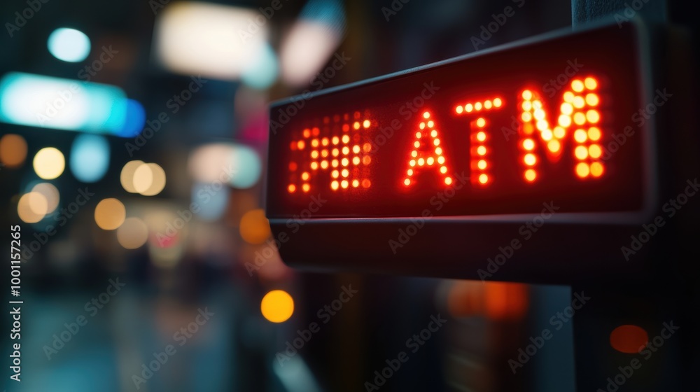 A brightly illuminated red ATM sign in a city street setting, captured at night with numerous blurred lights and bokeh effects in the background creating a lively atmosphere A brightly illuminated red ATM sign in a city street setting, captured at night with numerous blurred lights and bokeh effects in the background creating a lively atmosphere