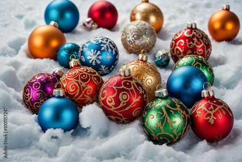 Wallpaper Mural variety of colorful Christmas ornaments, each with unique designs, arranged in a playful pattern on a soft, snowy background Torontodigital.ca
