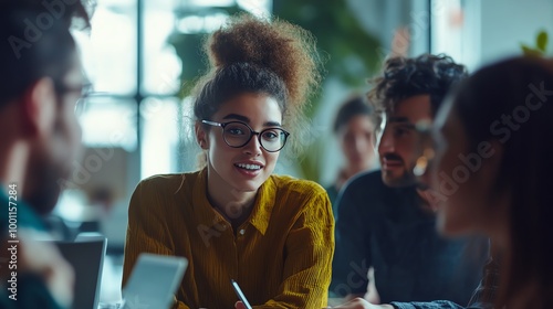 A creative, canted angle shot showcasing a group of diverse young professionals discussing strategy in a bright, contemporary office space