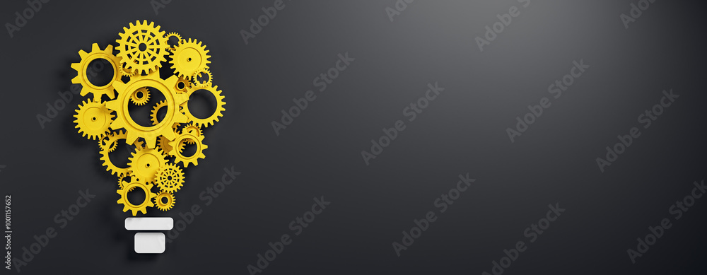 Yellow gears forming a lightbulb shape on a dark background. 3D Rendering Yellow gears forming a lightbulb shape on a dark background. 3D Rendering