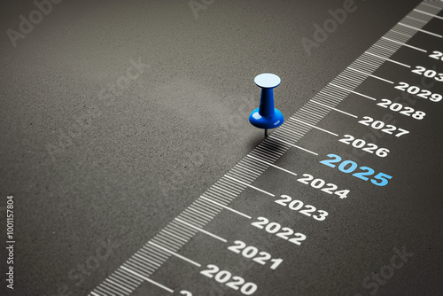 Blue pin marking the year 2025 on a timeline concept. 3D Rendering photo