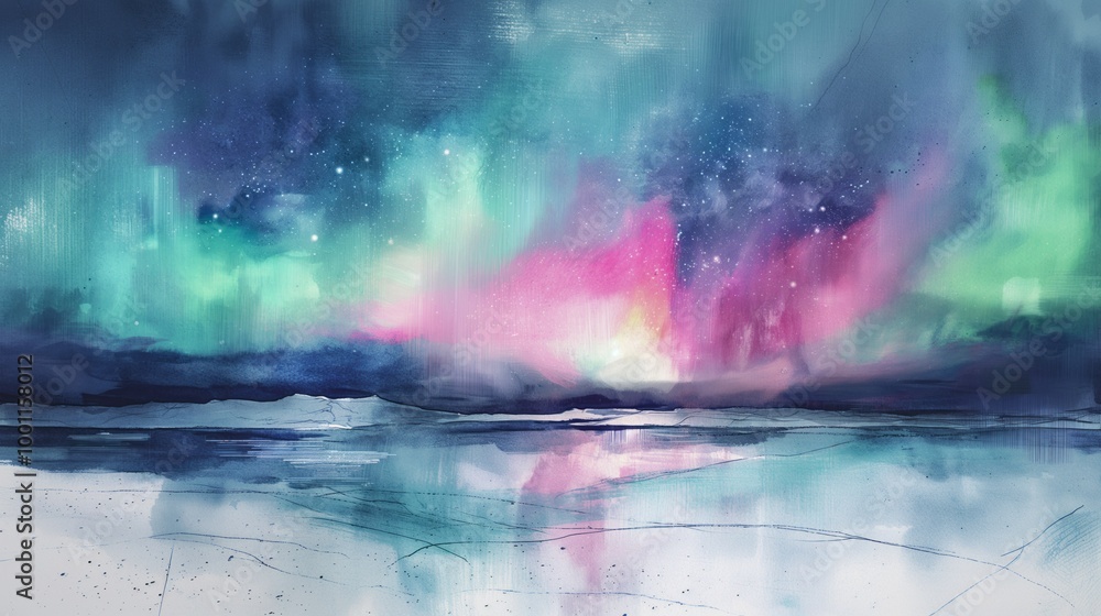 Obraz premium Expressive watercolor aurora australis over antarctic landscape