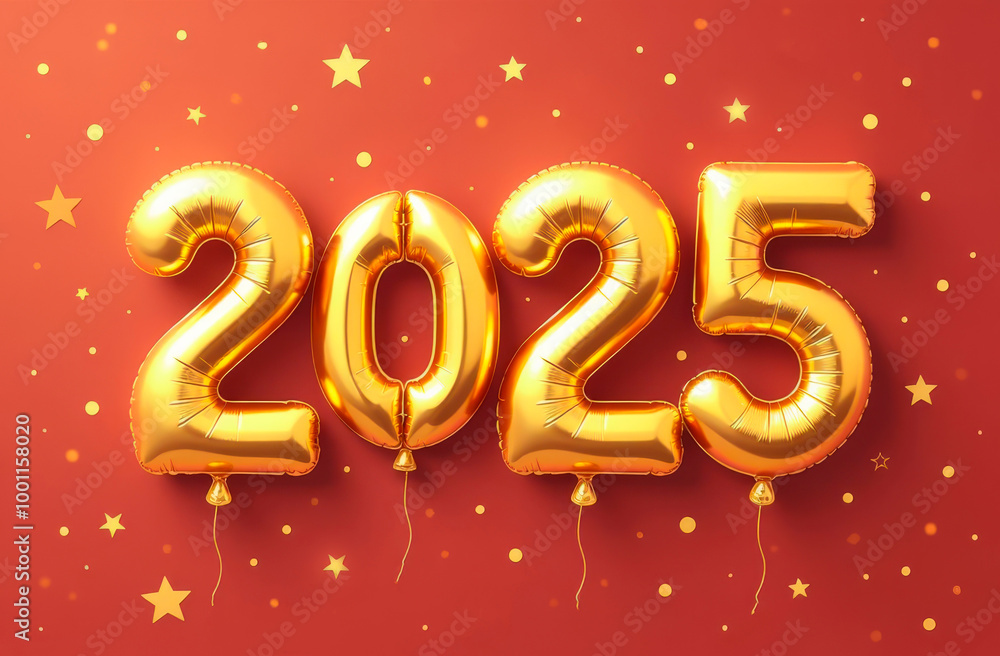 Numbers 2025 made of gold balloons on a red background with stars Numbers 2025 made of gold balloons on a red background with stars