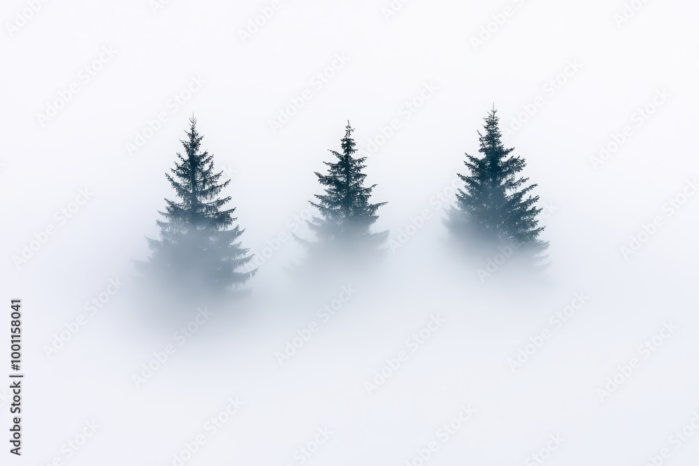 Fototapeta premium Three evergreen trees stand tall in a thick fog, creating a calm and mysterious winter atmosphere in nature