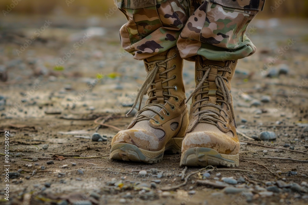 Close-up of soldier boots on dirt ground with camouflage pants. Close-up of soldier boots on dirt ground with camouflage pants.