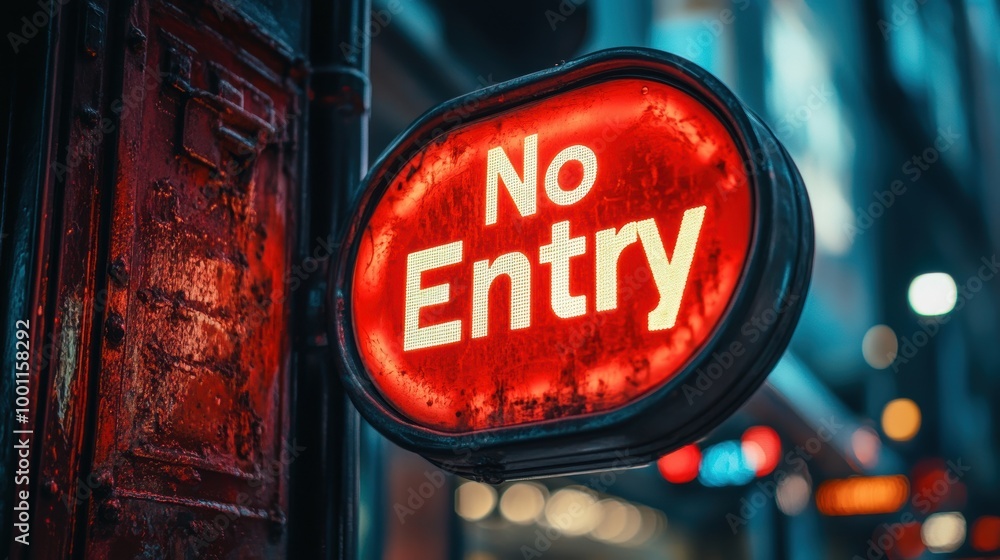 Fototapeta premium Brightly illuminated No Entry sign with a bold red background affixed to a weathered metal structure in the midst of an urban cityscape during evening hours