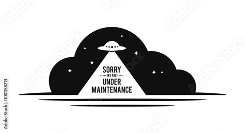 Caution Under maintenance with flat ufo and cloud icon. For infographic, banner, poster, web, warning, sign, label. Isolated on white background. Vector Illustration