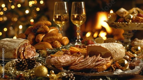 A beautifully arranged festive table spread with an assortment of holiday meats, bread, and wine glasses, illuminated by the warm glow of a fireplace and holiday lights