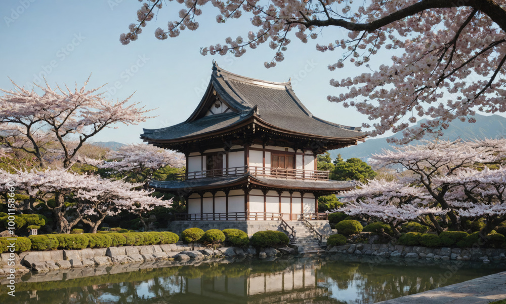 A traditional Japanese temple sits amidst a serene garden, surrounded by blooming cherry blossom trees A traditional Japanese temple sits amidst a serene garden, surrounded by blooming cherry blossom trees