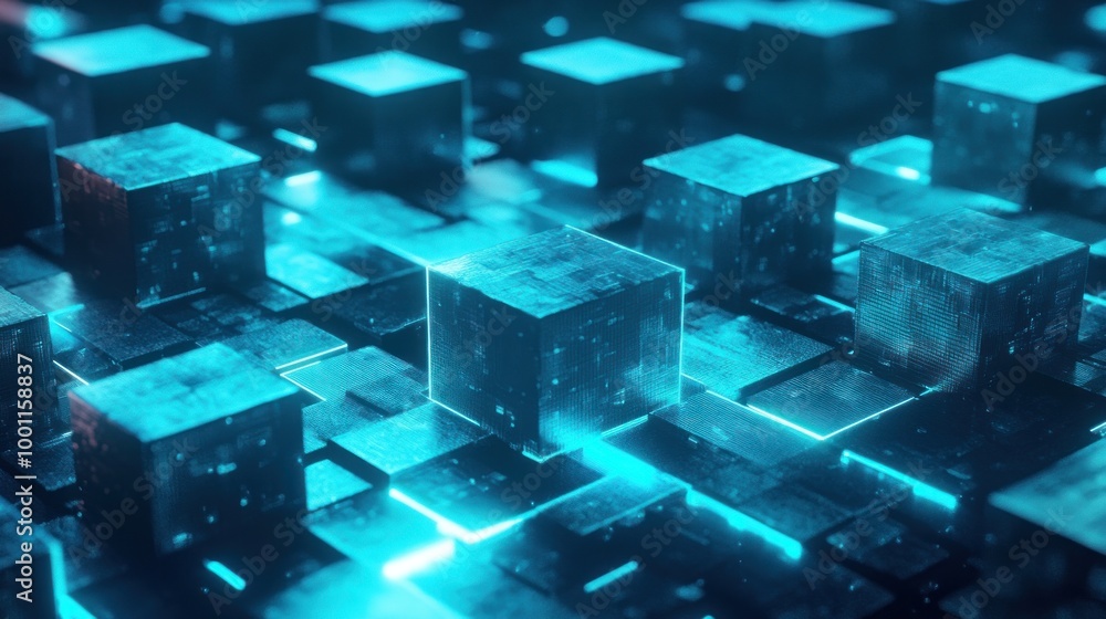 Abstract Glowing Cubes, Blue Digital Concept Abstract Glowing Cubes, Blue Digital Concept
