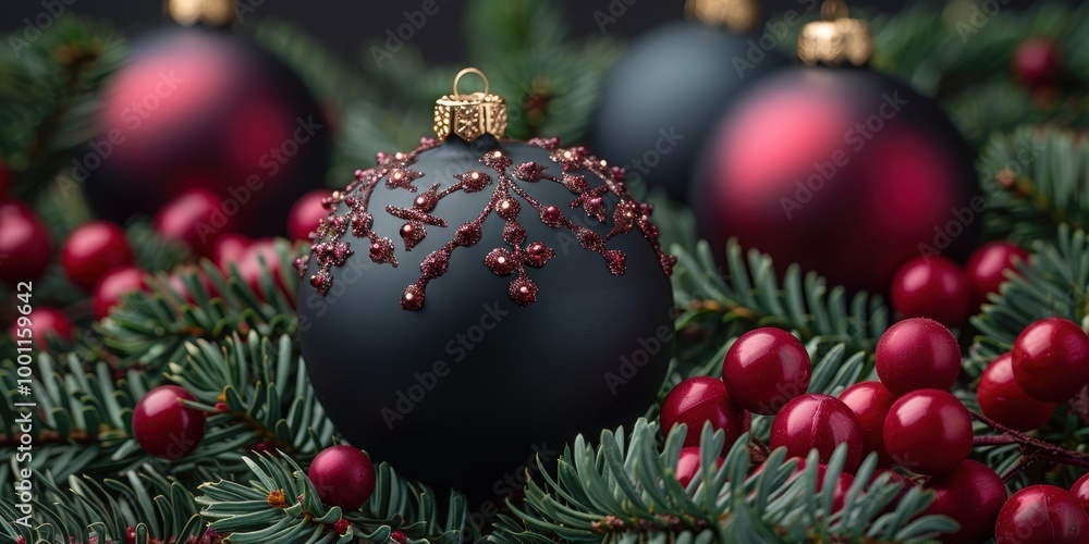 Fototapeta premium Beautifully decorated Christmas ornaments with intricate designs placed on lush green pine branches and accompanied by vibrant red berries, capturing the festive holiday spirit