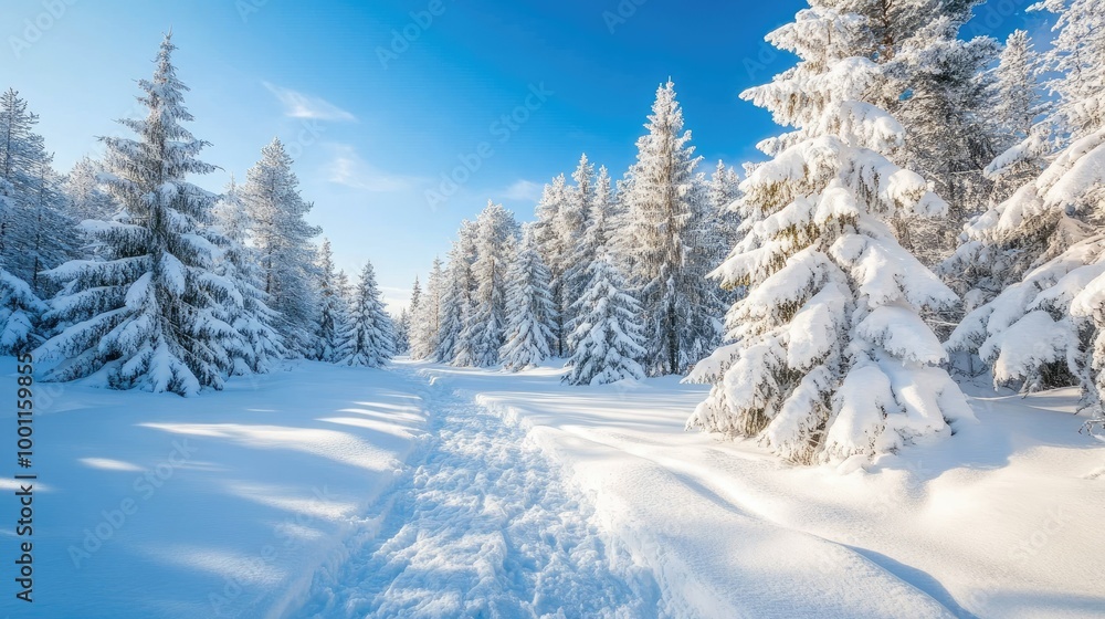 Snowy Forest with Tall Pine Trees Under Clear Sky Snowy Forest with Tall Pine Trees Under Clear Sky
