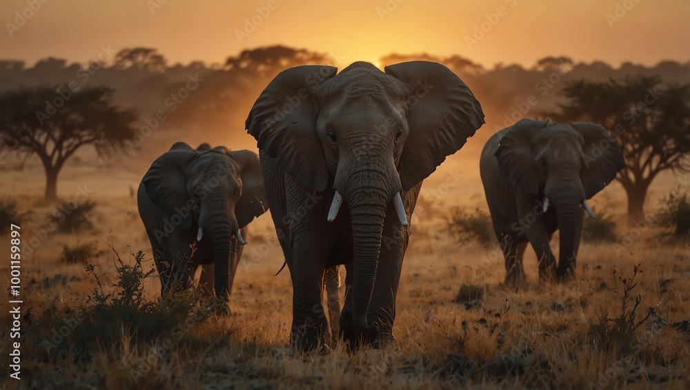 Obraz premium elephants at sunset