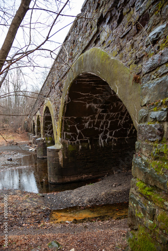 Elements of the ancient stonework of the eight-arch bridge, overgrown with moss and lichens, in Dark Hollow Park, Pennsylvania, USA