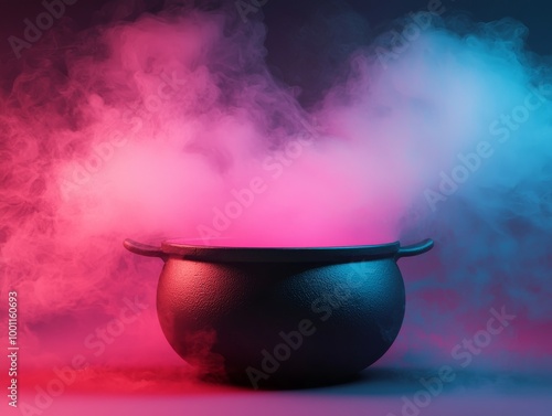 A mystical cauldron surrounded by colorful smoke on a dark background. photo