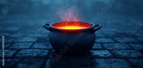 A mystical cauldron bubbling with vibrant orange liquid, emitting steam, foggy background. photo