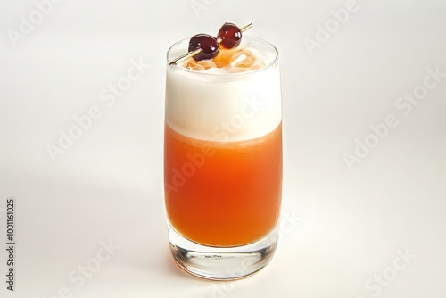 orange and cream layered cocktail with cherry garnish for a refreshing summer drink