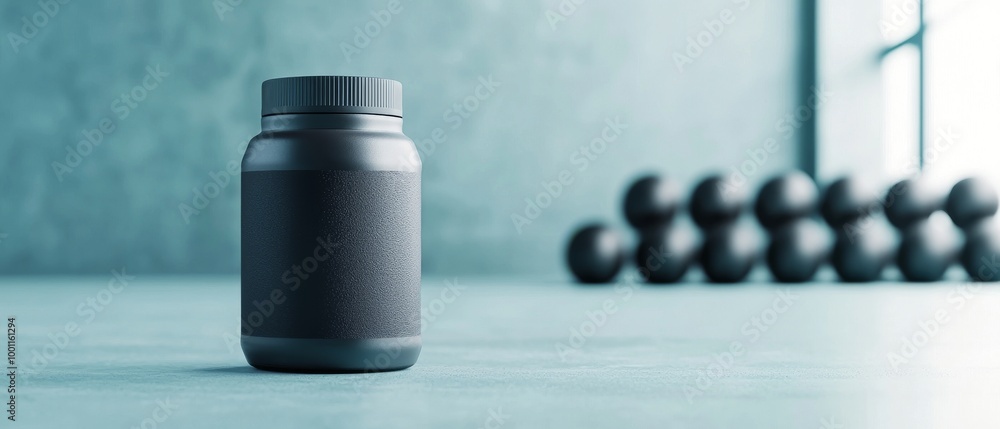 Black protein powder jar on a minimalist gym background. Black protein powder jar on a minimalist gym background.