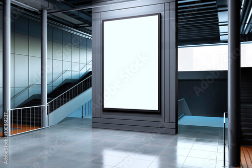 Blank vertical billboard in modern indoor subway station. 3D Rendering