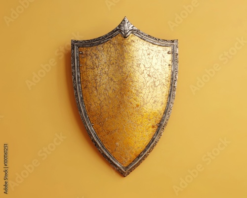 Antique golden shield on a textured yellow wall, artistic medieval decor.