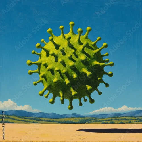 Artistic representation of a green virus in a surreal landscape. photo