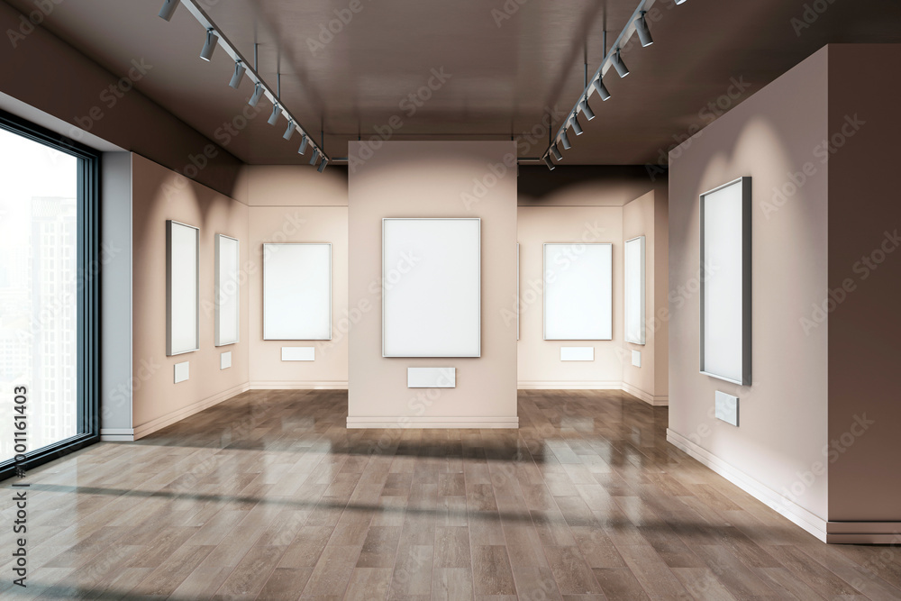Modern empty gallery with framed posters on beige walls. 3D Rendering Modern empty gallery with framed posters on beige walls. 3D Rendering