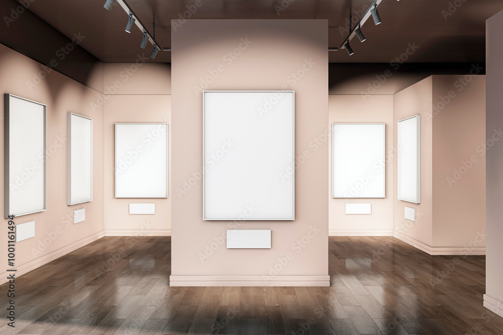 Modern gallery interior with blank white posters on beige walls. 3D Rendering Modern gallery interior with blank white posters on beige walls. 3D Rendering