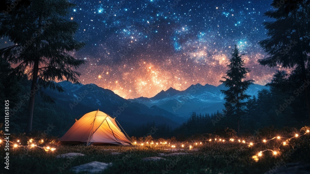 Camping Under Starry Sky with Fairy Lights Camping Under Starry Sky with Fairy Lights