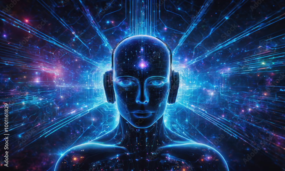 A digital rendering of a human head with headphones, surrounded by blue and purple light streams A digital rendering of a human head with headphones, surrounded by blue and purple light streams