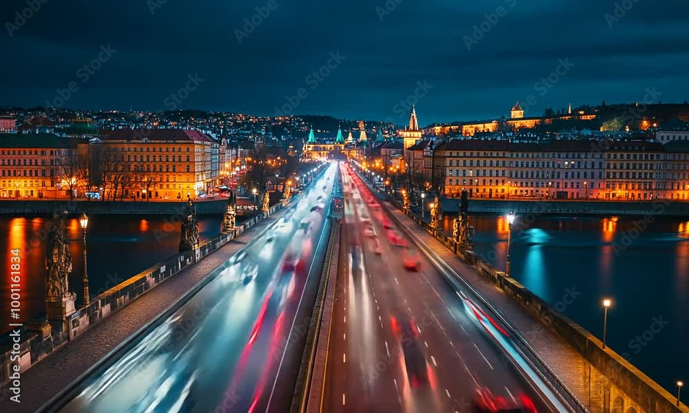 night panorama of the night city. traffic on the bridge
