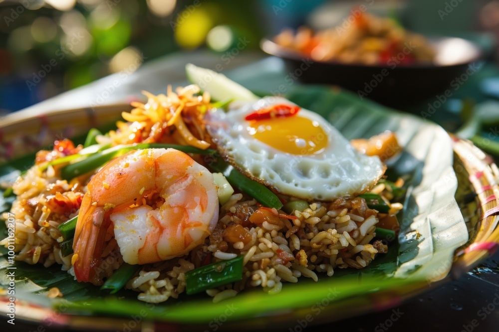 Indonesian Nasi Goreng with Shrimp and Sunny-Side Egg on Banana Leaf Platter
Indonesian Nasi Goreng with Shrimp and Sunny-Side Egg on Banana Leaf Platter