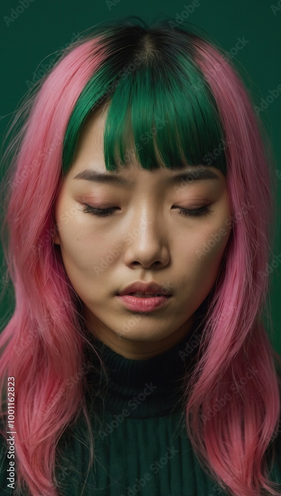 Close-up portrait of a woman with pink hair and makeup, looking directly at the camera, plain background. Close-up portrait of a woman with pink hair and makeup, looking directly at the camera, plain background.