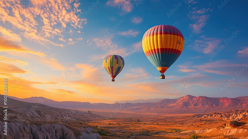 Obraz premium Colorful Hot Air Balloons Over Desert Landscape
